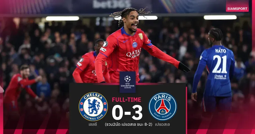 สิงห์บลูส์น้ำตาตก! เชลซีพ่ายเปแอสเชยับ 8-2 รวมสองนัด จอดป้าย UCL รอบ 16 ทีม