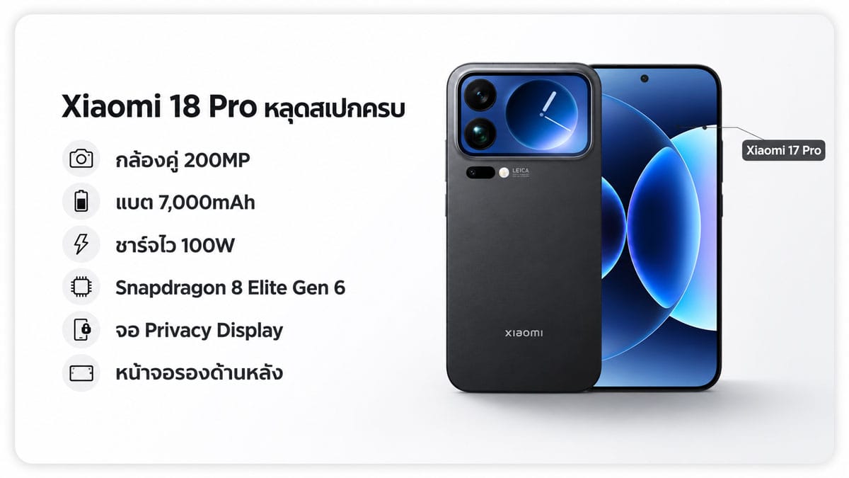 Xiaomi 18 Pro หลุดสเปกเดือด! กล้องคู่ 200MP, แบตอึด 7,000mAh, ชิปเทพ Snapdragon 8 Elite Gen 6